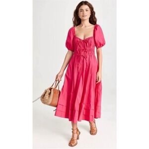NEW Ulla Johnson Palma Midi Dress Hot Pink Orchid Puff‎ Shoulder Size 4 Cotton